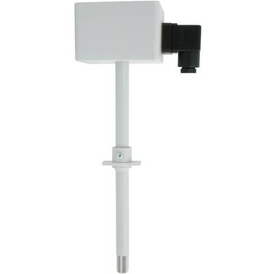 En hvid temperatursensor med plasthus og dykfølersonde. I øverste højre hjørne sidder en sort tilslutning.