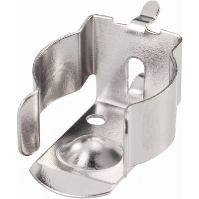 En sølvfarvet metalclips med en cirkulær base og to sidearme, til fastgørelse af genstande på en overflade.