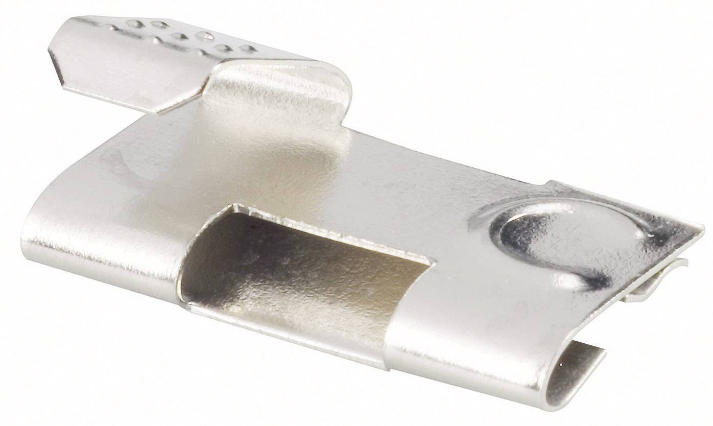 En sølvfarvet metalclips til fastgørelse af objekter, flad og rektangulær med afrundede kanter og et lille fordybet område.