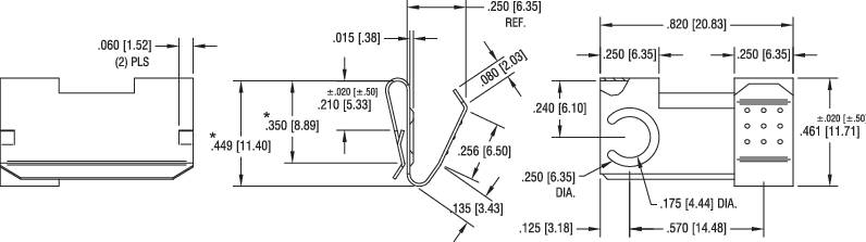 Teknisk tegning af en mekanisk komponent med flere dimensionsangivelser. Hovedmålene er bredde, højde og diameter for forskellige sektioner.