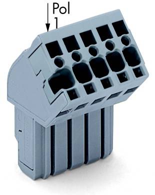 Grå elektrisk stikforbinder med seks tilslutningsåbninger, markeret med en pil 'Pol 1' for korrekt retning.