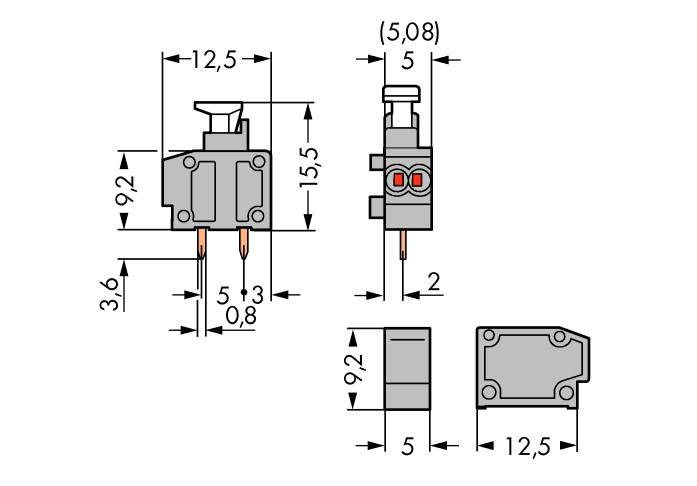 Teknisk tegning af en kontakt med dimensioner: Bredde 12,5 mm, højde 15,5 mm. Sidevisning og topvisning med pin-placering.