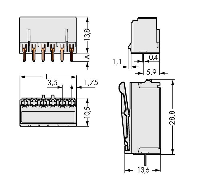 Teknisk tegning af en elektronisk stikforbindelse med dimensioner. Viser side-, for- og topvisning med måleangivelser i millimeter.