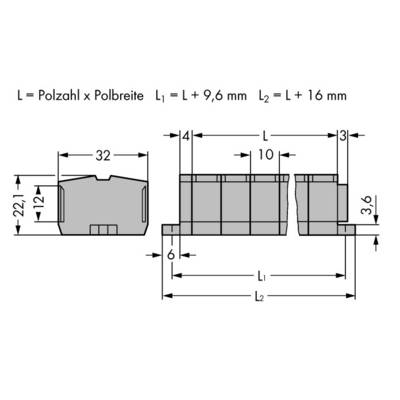 Teknisk tegning af et stik med følgende mål: Bredde 32 mm, højde 22,1 mm, L1=L+9,6 mm, L2=L+16 mm. Sidevisning viser grænseflader.
