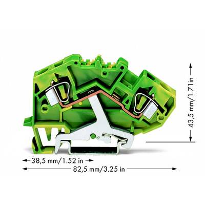 Elektrisk klemme grøn med dimensioner: 38,5 mm bredde, 43,5 mm højde, 82,5 mm længde.