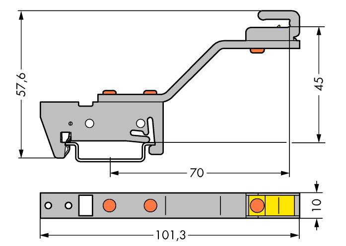 Sidevisning af en mekanisk komponent med mål. Højde: 57,6 mm; Længde: 101,3 mm. Detaljeret visning viser løftemekanisme.