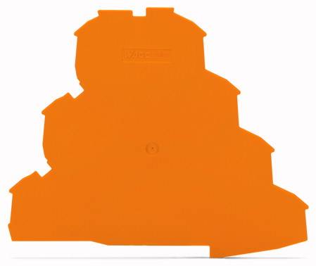 Et orangefarvet plastikdel i en asymmetrisk form, muligvis et dæksel eller tilbehør til en bestemt enhed.