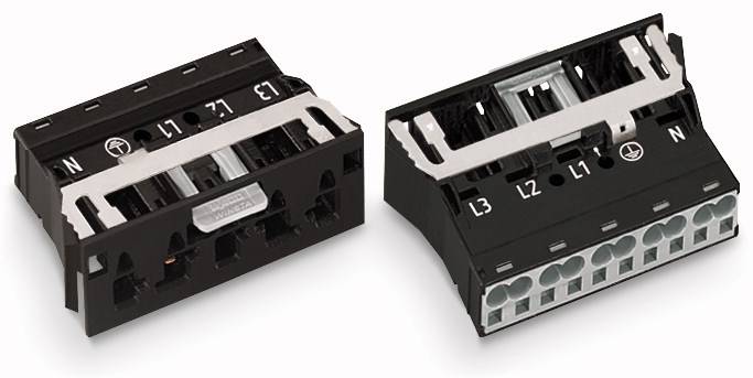 To elektriske sorte klemmer med mærkningerne 'N', 'L', 'L1', 'L2', 'L3'. De har flere tilslutningssteder.