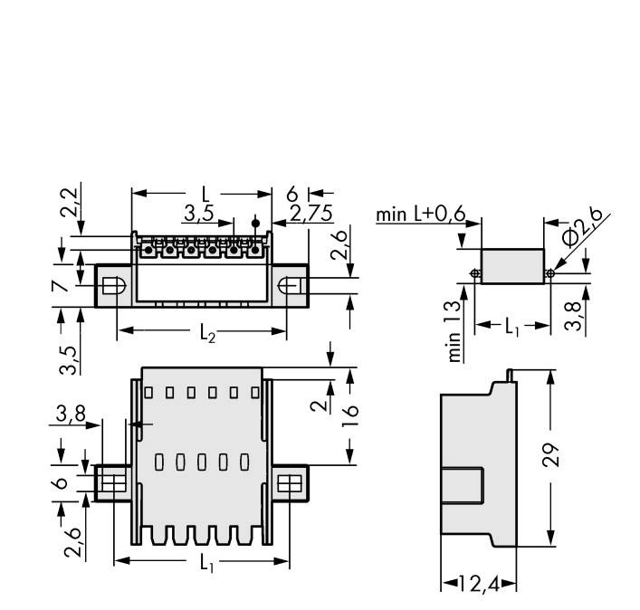 Teknisk tegning af en elektronisk stikforbindelse med dimensioner i millimeter. Set ovenfra, fra siden og forfra.