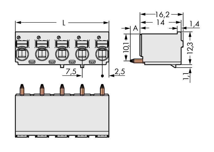 Tegning af en fempolet stikforbinder med dimensioner: Længde 16,2 mm, højde 12,3 mm. Sidevisning og topvisning vist.