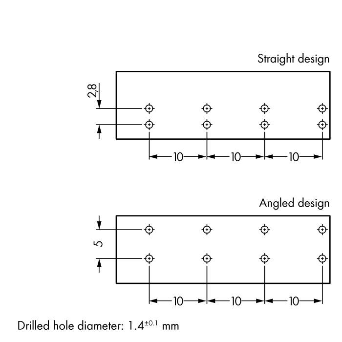 'Teknisk tegning: to boremønstre. Øverst: ret design med 2,8 mm afstand. Nederst: skråt design med 5 mm afstand. Borehuldiameter: 1,4±0,1 mm.'