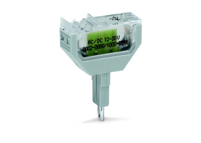 En transparent, lille elektronisk komponent mærket 'AC/DC 12-30 V', egnet til elektriske anvendelser.