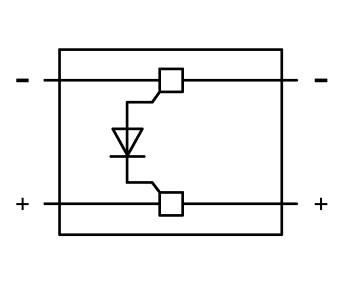 Diodesymbol i en elektrisk kredsløb, som tillader strøm i én retning; rektangler symboliserer tilslutninger.