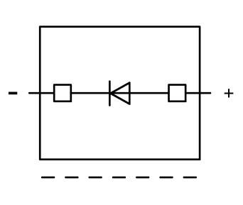 Strømskema for en elektronisk ensretter med diode, der leder elektricitet i én retning, symboliseret ved pilen.