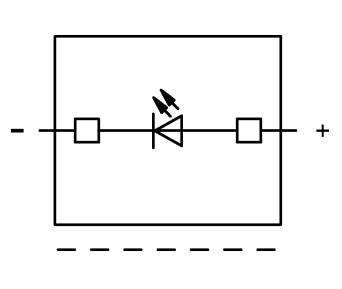 Elektronisk kredsløbssymbol til fremstilling af en isoleret lysdiode (LED) i en firkant med tilslutningsklemmer.