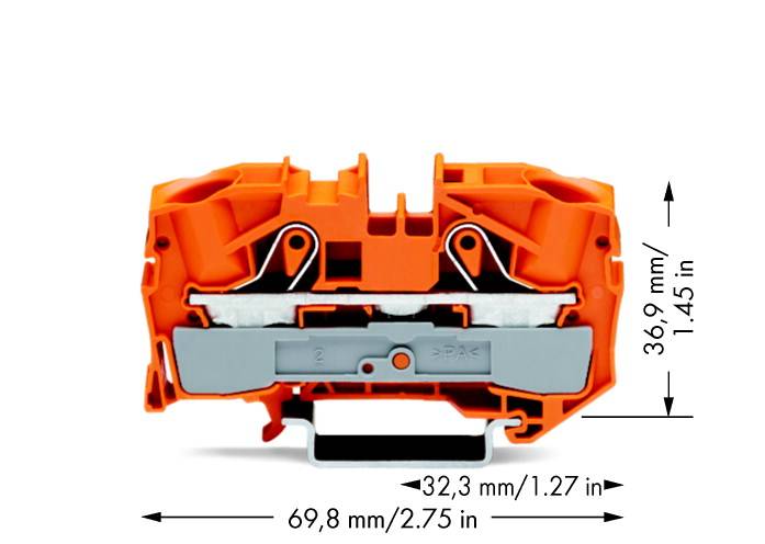 Orange, kasseformet elektrisk tilslutningsblok med sølvelementer, med pile på siderne og dimensioner i millimeter og tommer.