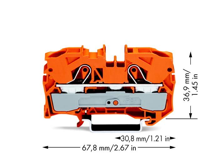 Orange stikforbinder med sølvfarvede metalkomponenter, hovedmål: 36,9 mm x 30,8 mm x 67,8 mm.