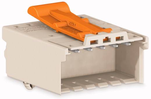 Hvid elektrisk forbindelsesklemme med fem tilslutninger og orange håndtag, som bruges til at forbinde kabler.