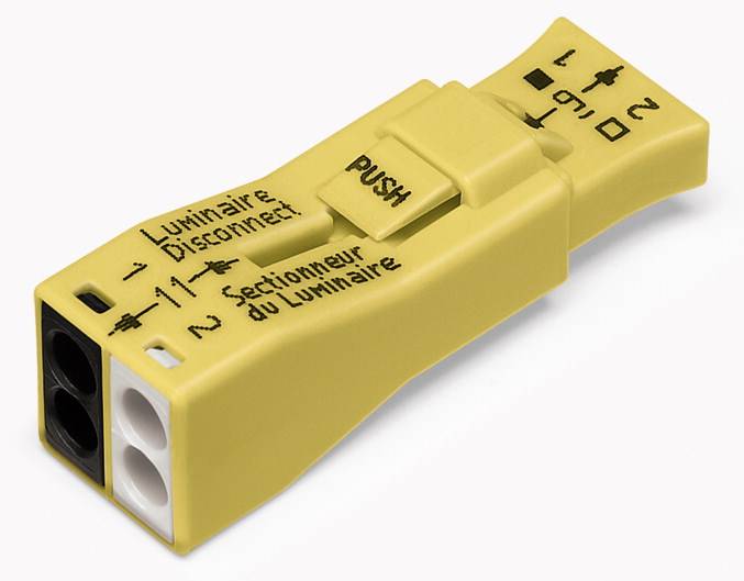 Gul elektrisk stikforbindelsesdel med påskriften 'Luminaire Disconnect' og 'Push'. Den forbinder elektriske ledninger.