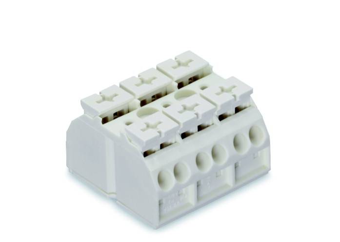 Hvid elektrisk klemme med tre tilslutninger, egnet til at forbinde ledninger i elektroniske og elektriske applikationer.