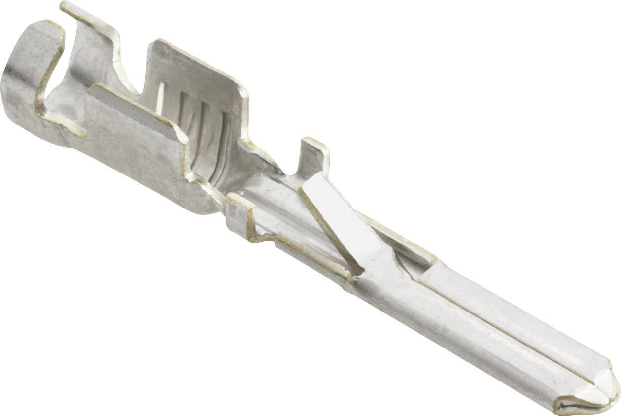 En metallisk stift til elektriske stikforbindelser med en flad, riflet skaft og en afrundet ende, der tjener til fastgørelse.