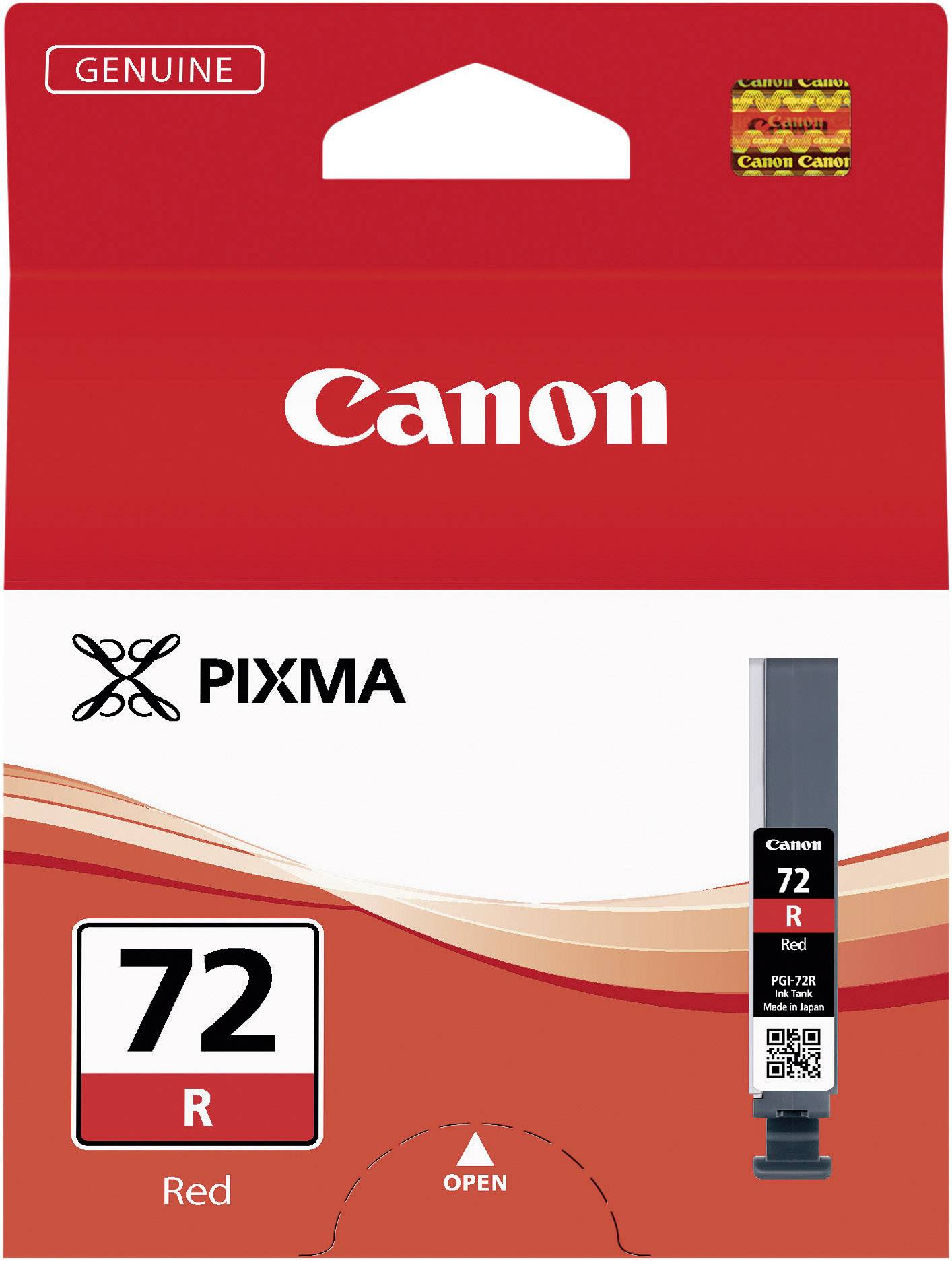 En rød Canon PIXMA blækpatron med nummeret 72R, i originalemballage.