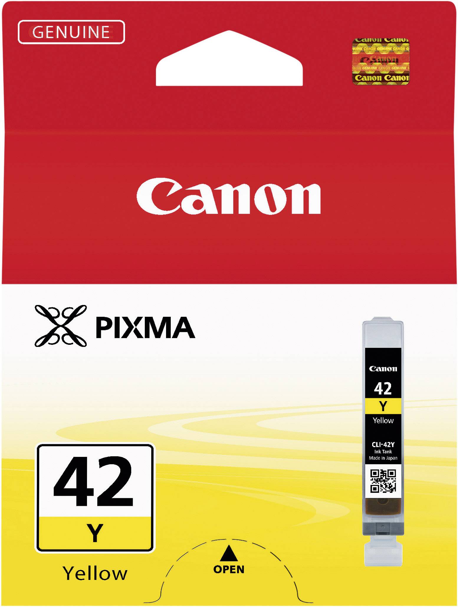 Canon PIXMA Gul Blækpatron 42 Y, viser billede af emballagen med rødt og gult design. Tekst: 'Original', Stregkode og pil til åbning.