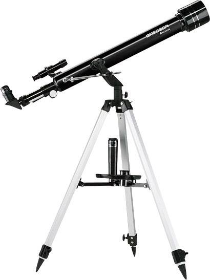 Sort teleskop på et sølvfarvet trebenet stativ. Optikken er nøjagtigt justeret. Velegnet til astronomiske observationer.