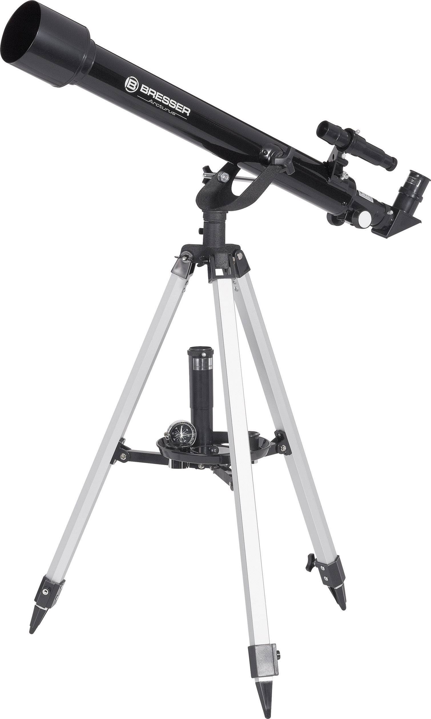 Sort teleskop på et sølvfarvet stativ, velegnet til astronomiske observationer, med justeringsmekanisme og søgerkikkert.