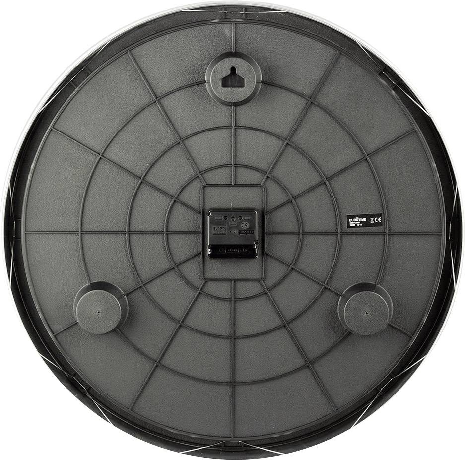 Bagsiden af en rund, stor dekorativ genstand med synlig ophænger og tre små fødder eller afstandsholdere.