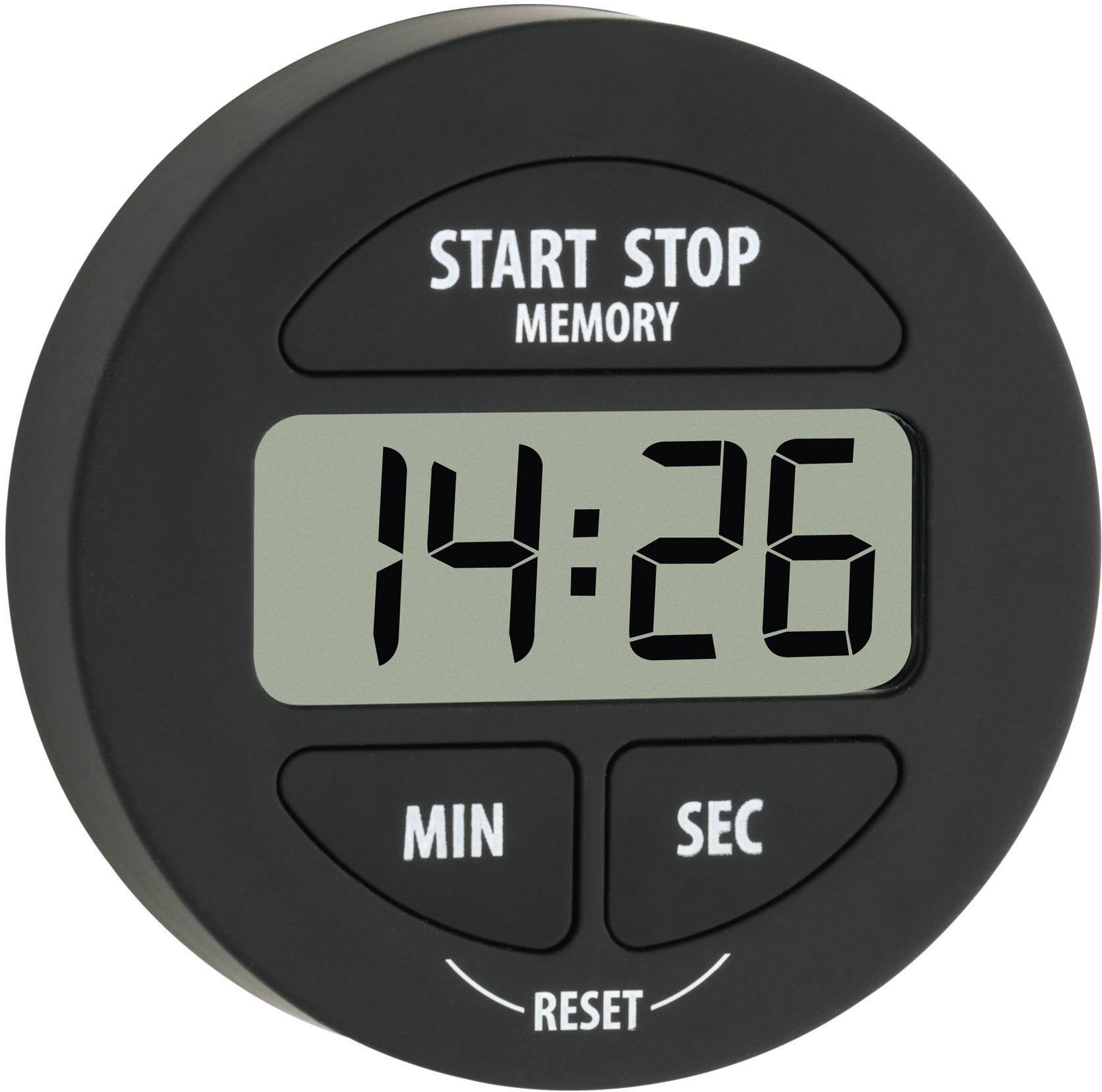 Sort digital køkkentimer med stor display viser '14:26', med knapper til Start/Stop, Minutter, Sekunder og Nulstil nedenunder.