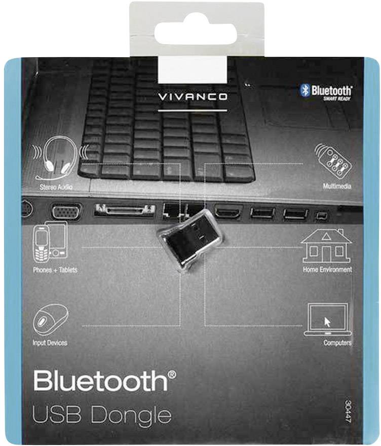 Emballage til en Vivanco Bluetooth USB-dongle. Viser kompatible enheder som stereoanlæg, telefoner, tablets, inputenheder og computere.