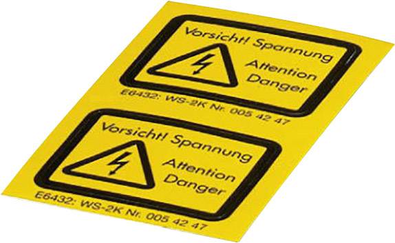 To advarselsmærkater i gult med et sort lynsymbol og teksten 'Forsigtig! Elektrisk spænding Advarsel Fare', advarer mod elektrisk spænding.