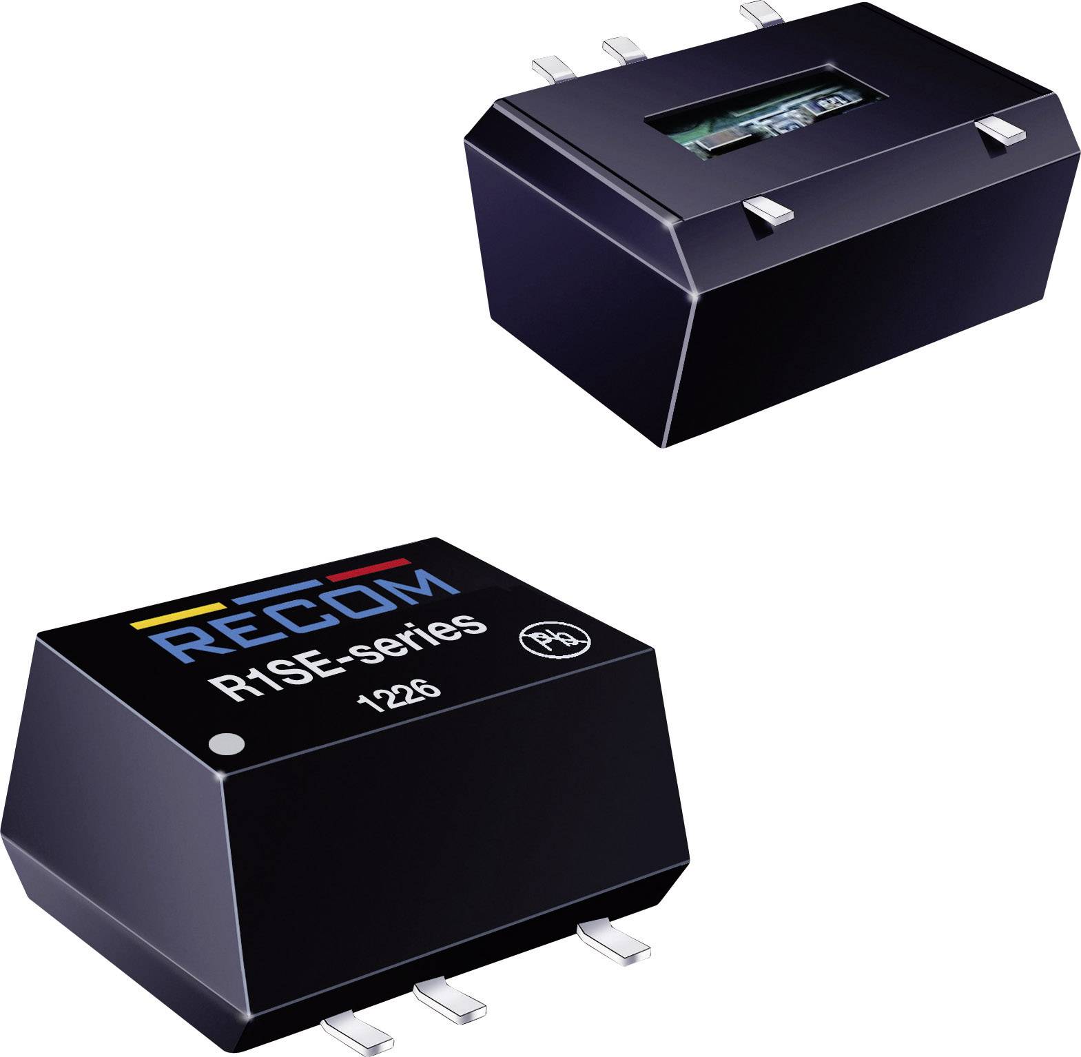 To elektroniske komponenter i sort, mærket 'RECOM R1SE-series'. De har tre ben, som typisk bruges i elektroniske kredsløb.