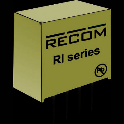 En blå elektronisk komponent med påskriften 'RECOM RI series'. Fire metalliske tilslutninger rager ud.