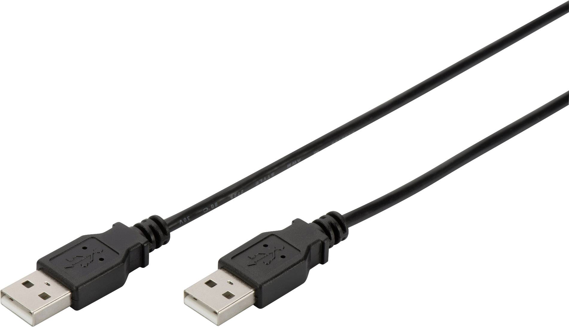 To USB-kabler i sort med stik på hvid baggrund. De er placeret parallelt ved siden af hinanden.
