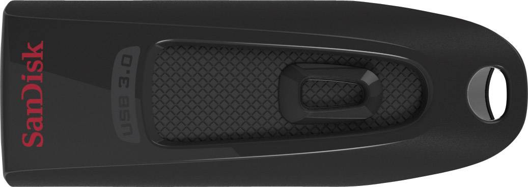 Sort USB-stik med skydemekanisme og rødt 'SanDisk'-logo på venstre side.