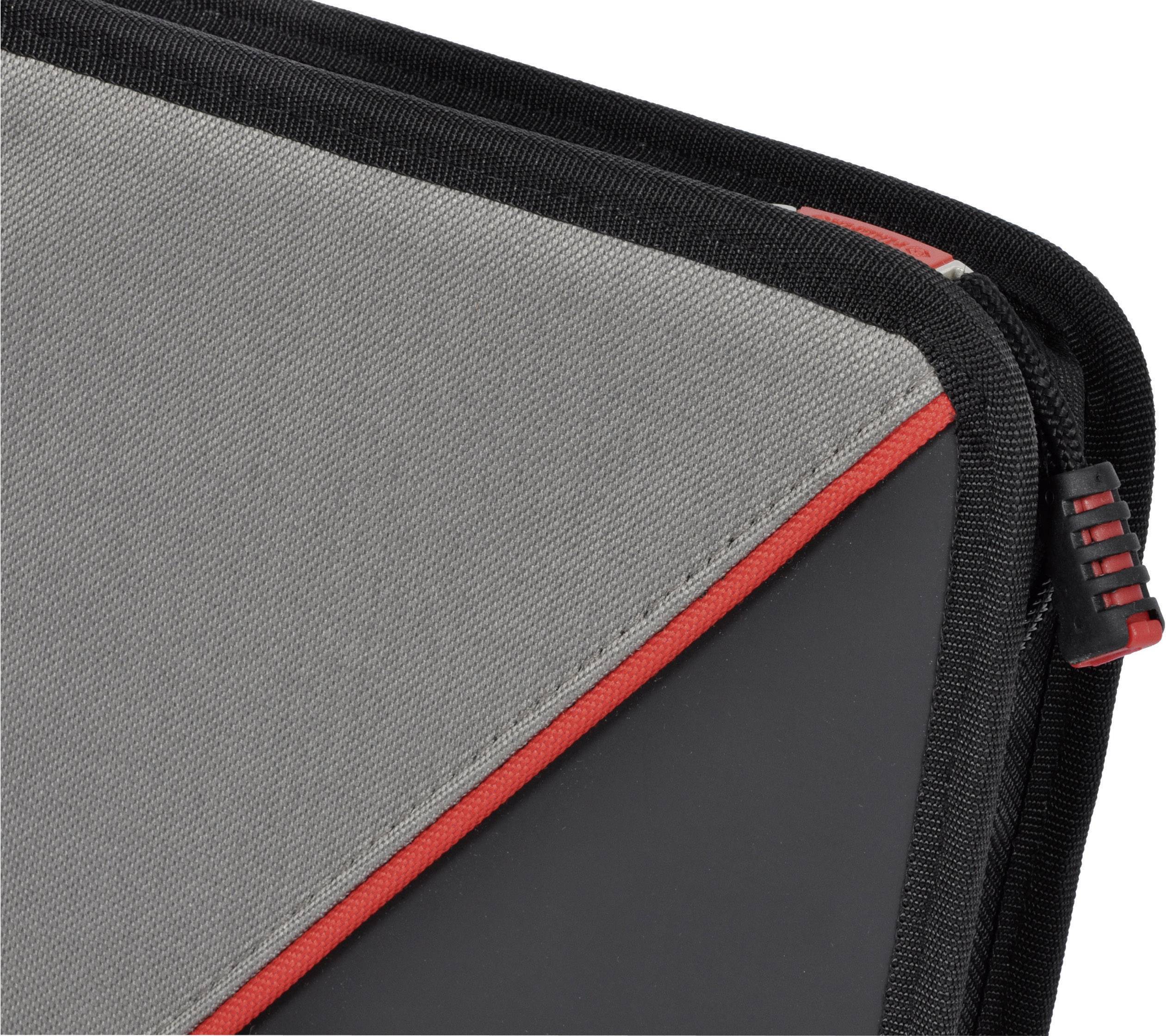 Laptoptaske i grålige nuancer med røde detaljer og synlig lynlås.