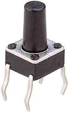 En rektangulær elektronisk kontakt med fire metalben og et sort, cylinderformet kontakthoved.