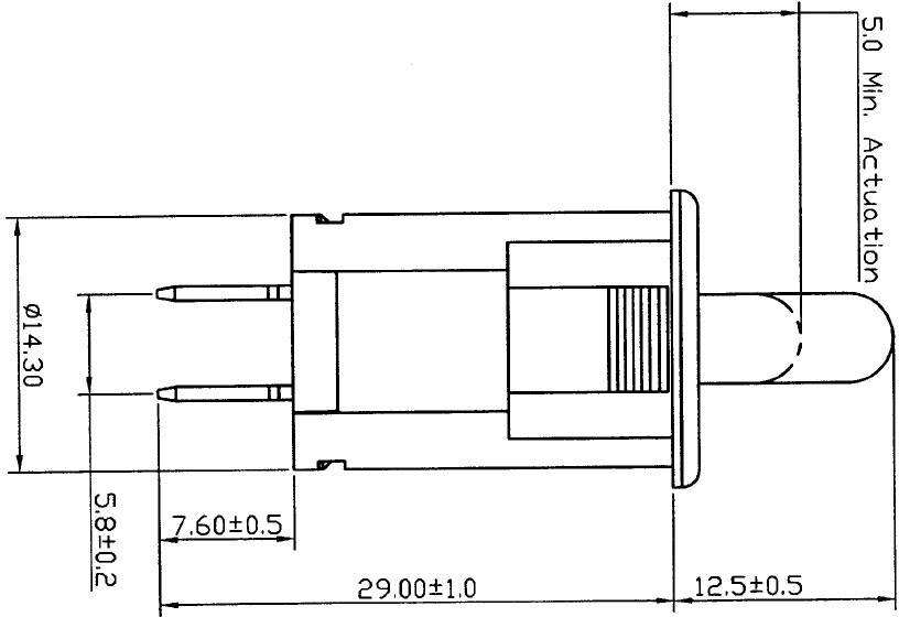 Teknisk tegning af en trykknap med mål: Længde 29 mm, bredde 14,3 mm, minimal aktivering 5 mm.