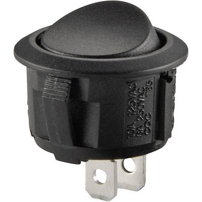 Sort, rund vippeafbryder med tre metalcontakter, egnet til 10A/125VAC eller 6A/250VAC.