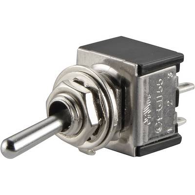 En metallic vippeafbryder med tre tilslutningsstik på den ene side, egnet til styring af elektriske enheder eller kredsløb.