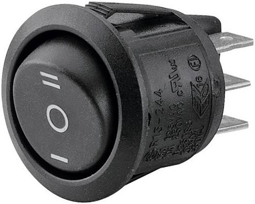 En rund, sort vippeafbryder med 'Til' og 'Fra' symboler, egnet til montering i elektroniske enheder.
