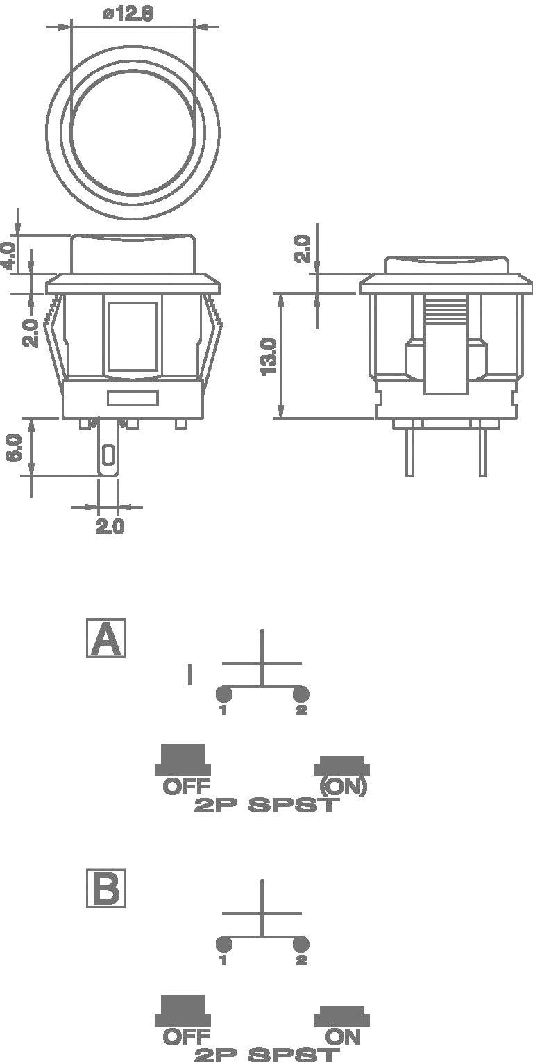 Principdiagram for en rund kontakt med måleenheder. Viser top- og sideview. Nedenunder to kontaktskemaer for 2P SPST.