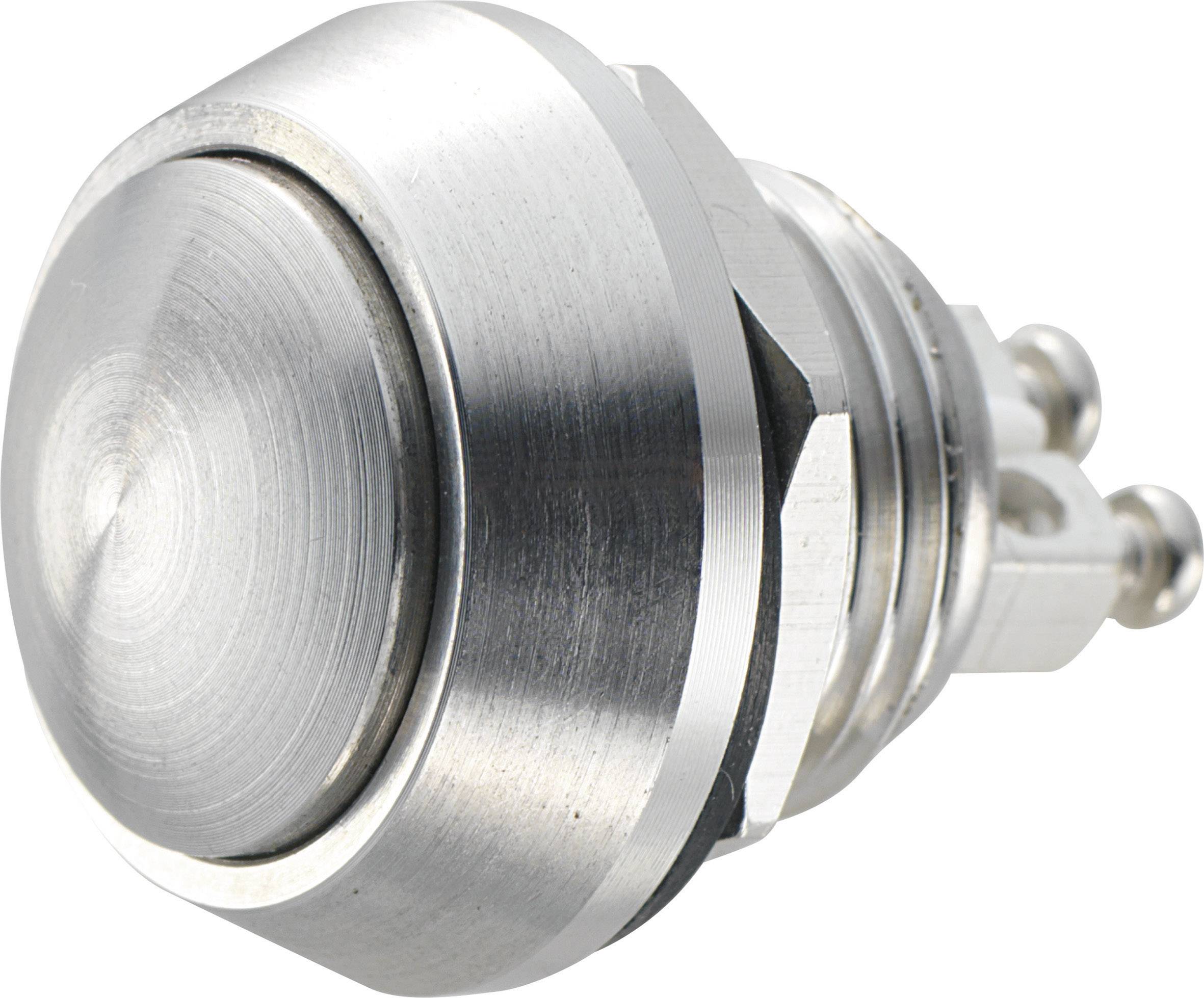 Sølvfarvet metalknap, cylinderformet, med glat overflade, sandsynligvis til elektroniske enheder eller maskinstyring.