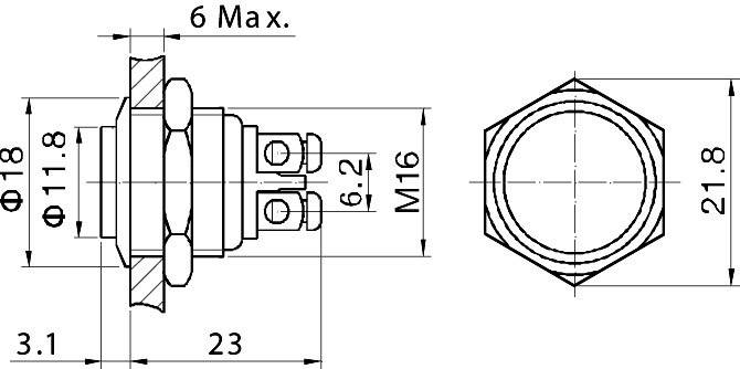 Teknisk tegning af en M16-stikforbinder med mål: Diameter 11,8 mm, samlet længde 23 mm, gevind M16, højde 3,1 mm.