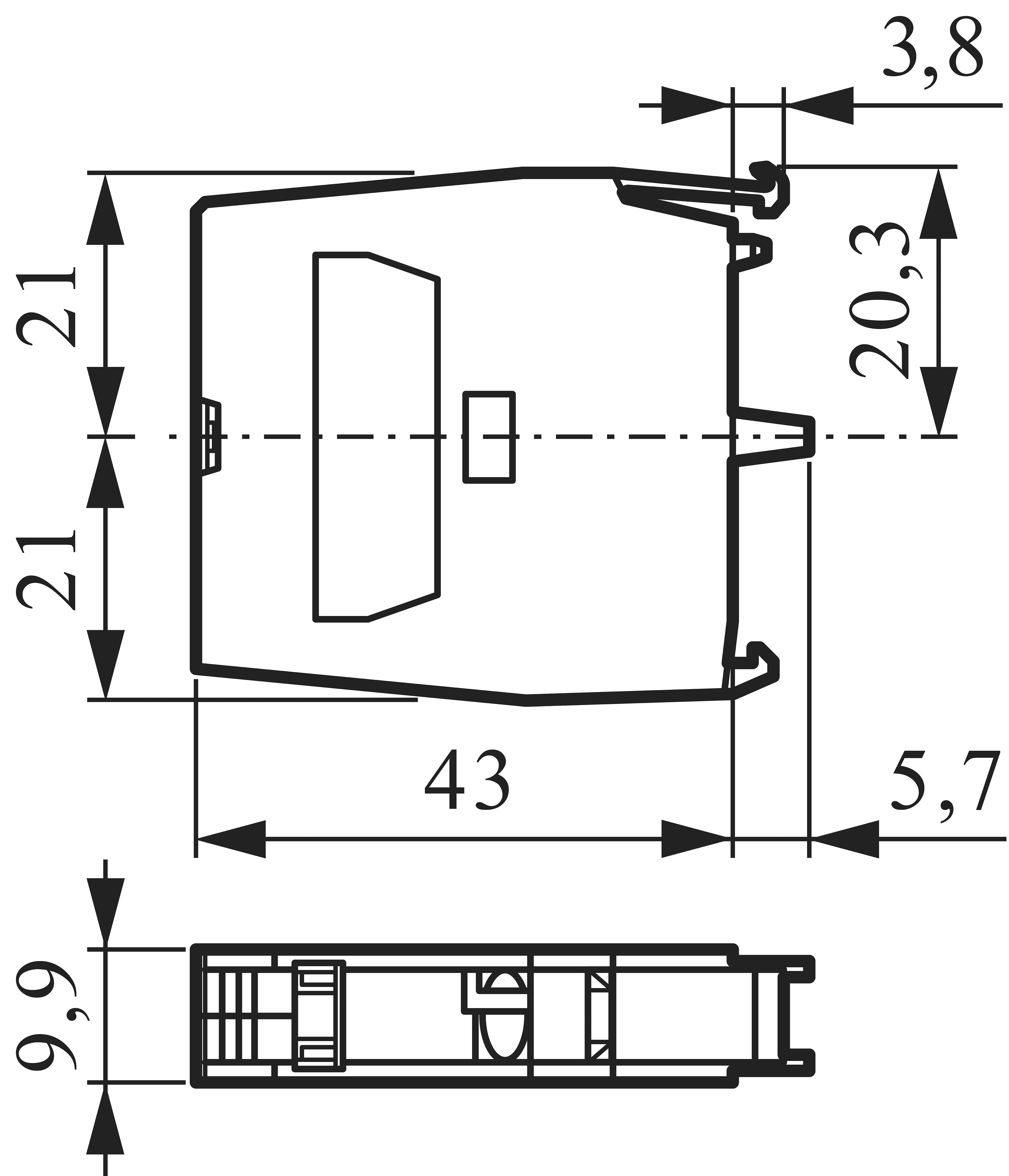 Teknisk tegning af en komponent med dimensioner: 43 mm bredde, 21 mm højde, 9,9 mm dybde. Mål: 3,8 mm, 20,3 mm, 5,7 mm.