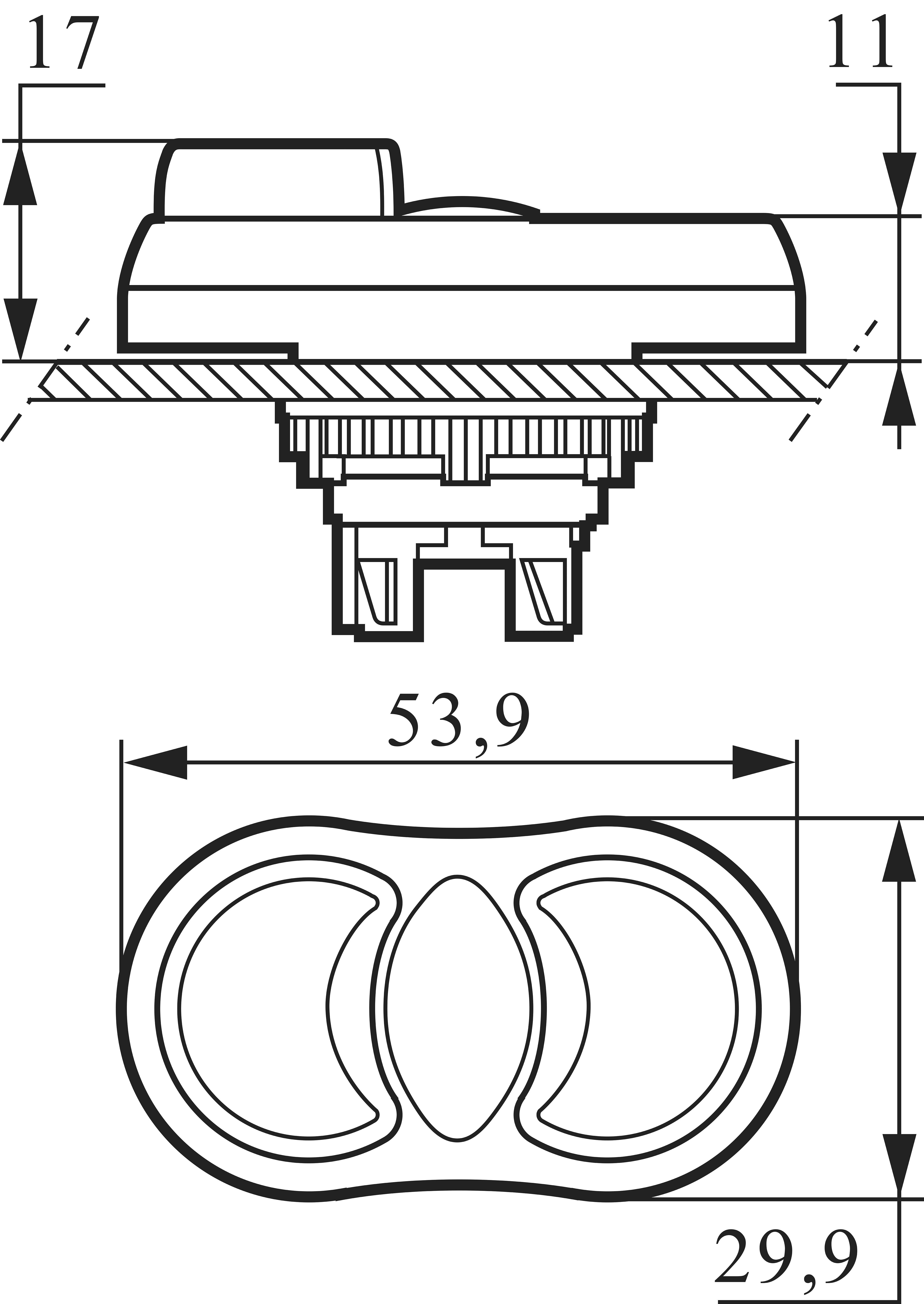 Teknisk tegning af en trykknap med dimensioner på 17x11 mm øverst og 53,9x29,9 mm nederst, set fra siden og oppefra.