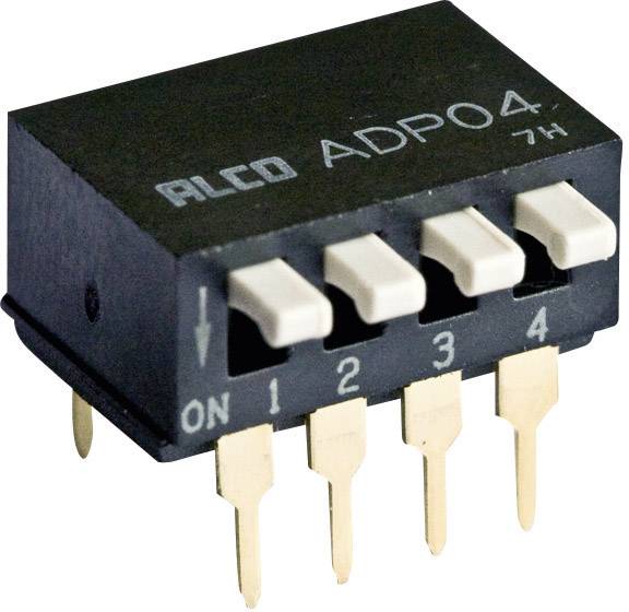 DIP-switch med fire positioner, mærket med 'ON', '1', '2', '3', '4'. Bruges til at konfigurere indstillinger i elektroniske enheder.