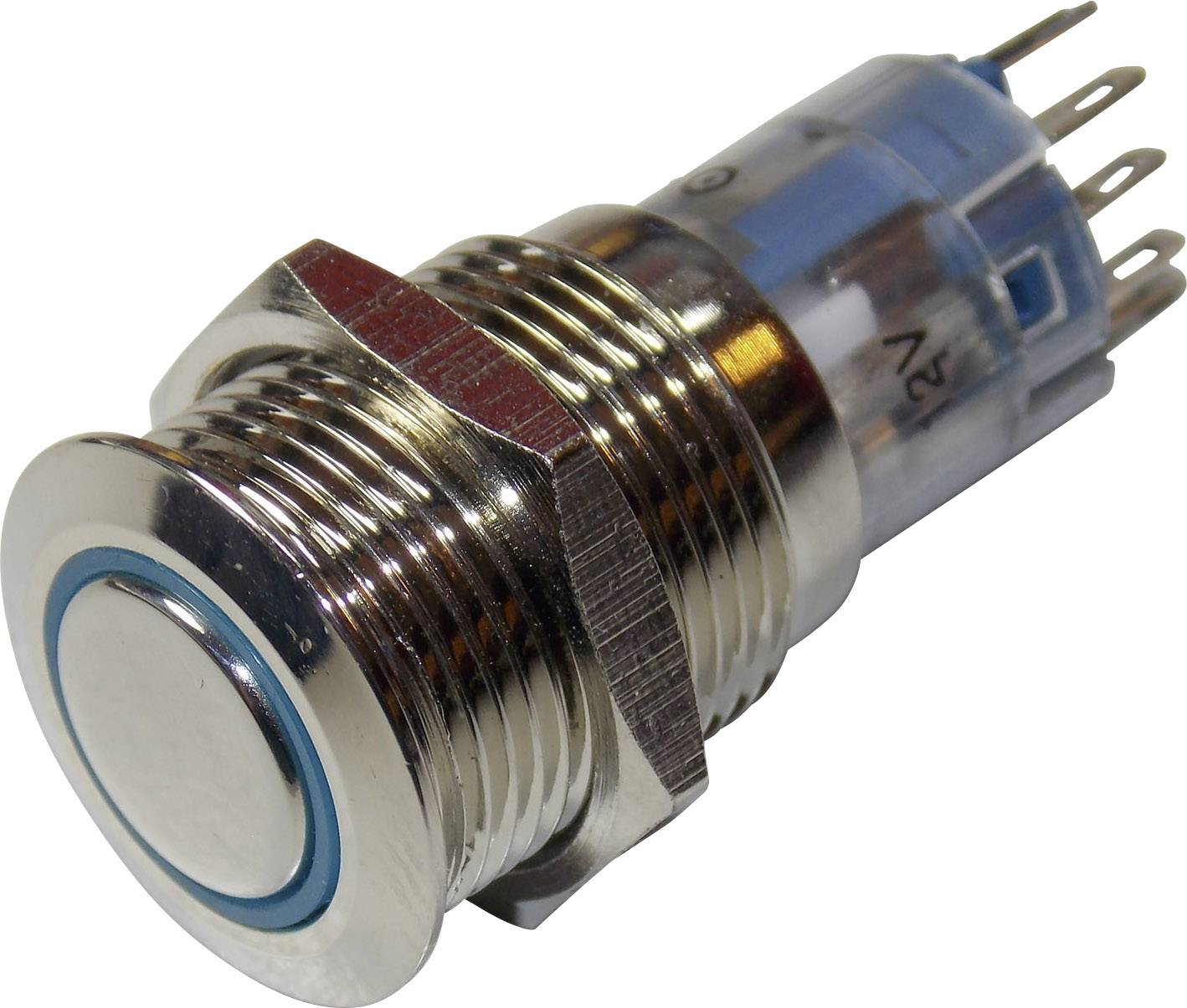 Metaltrykknap med blå LED-ring, flere elektriske tilslutningsstik. Egnet til mekaniske og elektriske anvendelser.
